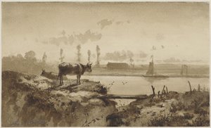 Paisagem do rio com vaca de Johannes Hubertus Leonardus de Haas