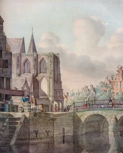 Cena do rio Continental com ponte e igreja, século c18