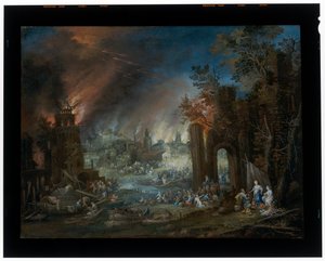 Paisagem com Lot e as suas filhas e Sodoma em chamas como pano de fundo de Johannes Jakob Hartmann