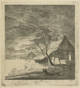 Paisagem nocturna com casa de campo e patinadores de Johannes Janson