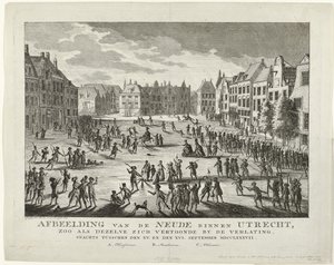 Patriots deixam o Neude em Utrecht, 1787 Representação do Neude em Utrecht, como apareceu quando foi abandonado à noite entre o XV. e o XVI. Setembro MDCCLXXXVII (título no objeto)