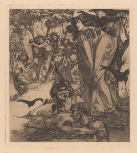 Paisagem arborizada com pessoas, corvos e sátiro de Johannes Josephus Aarts
