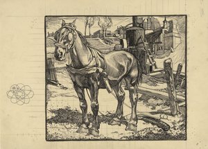 Cavalo de trabalho, descansando perto de um bate-estacas de Johannes Josephus Aarts