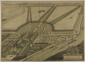 Hampton Court, placa seis da Britannia Illustrata de Johannes Kip