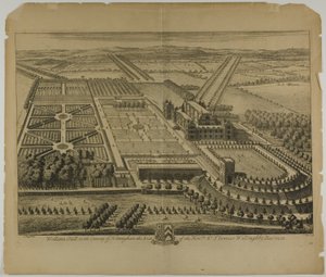 Wollaton Hall no Condado de Nottingham, placa 68 da Britannia Illustrata