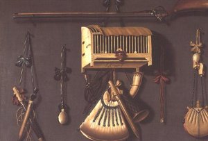 Um trompe lOeil Ainda vida de uma arma, um chifre de pólvora, um pássaro enjaulado e equipamento de caça