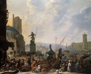 Um Capriccio de um Porto Mediterrâneo com a Fonte Triton de Bernini e um Capriccio do Palais du Louvre, 1651 de Johannes Lingelbach
