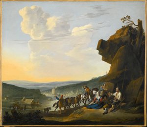 Alemão: Südliche Landschaft mit Fähre Paisagem meridional com vista para uma baía, com viajantes a descansar de Johannes Lingelbach