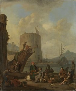 Porto italiano com torre fortificada de Johannes Lingelbach