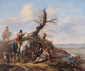 Paisagem com viajantes em repouso e casal a cavalo (óleo sobre painel de carvalho) de Johannes Lingelbach