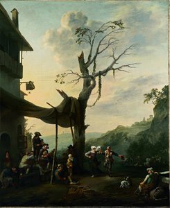Paisagem montanhosa com camponeses a dançar e a tocar música diante de uma estalagem de Johannes Lingelbach