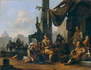Camponeses italianos a beber à porta de um hotel romano ... de Johannes Lingelbach