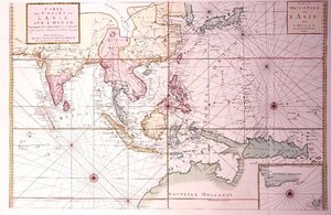 Gráfico costeiro que se estende do noroeste da Índia ao norte da Austrália, através do Japão e das Filipinas, c.1700 (gravura colorida) de Johannes and Mortier Cornelis Covens