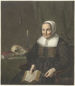 Retrato de uma velha sentada com um livro aberto