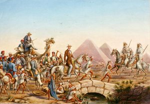 Príncipe Alberto da Prússia com a sua comitiva em digressão pelas Pirâmides de Gizé (aguarela sobre papel) de Johannes Rabe
