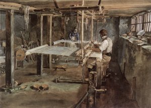 Casal de tecelões Appenzell a trabalhar no tear manual, por volta de 1830 de Johannes Schiess