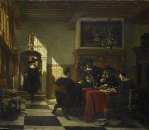 Companhia em traje do século XVII em uma mesa em que uma xícara Nautilus de Johannes Stroebel