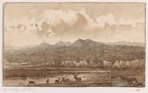 Paisagem montanhosa com veados