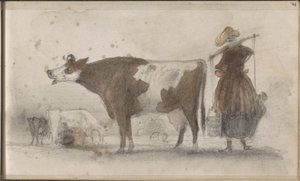 Prado com vacas e uma camponesa com um jugo