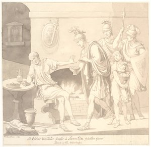 "M. Curius Dantatus foragter de Samnitiske Gesanters Gaver./ Plutach: in vita. Cato, o Censor."