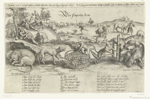 O leão adormecido, 1567 O Leão Adormecido (título no objeto) Quatro alegorias dos eventos entre 1576-1579 na Holanda (título da série) de Johannes Wierix (attributed to)