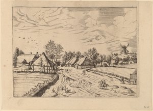 Country Village com Post Mill de Johannes and Lucas van Doetechum after Master of the Small Landscapes