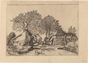 Estrada com celeiro e chalés de Johannes and Lucas van Doetechum after Master of the Small Landscapes