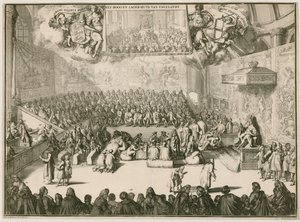 Uma sessão na Câmara dos Comuns com George II no trono de Johannes and Mortier, Cornelis Covens