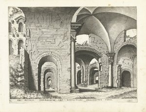 Vista das Termas de Diocleciano Ruínas romanas, 1561 (título da série) de Johannes of Lucas van Doetechum (attributed to)