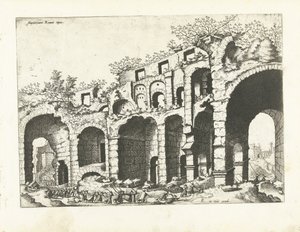 Vista de um anfiteatro provavelmente o Coliseu Ruínas romanas, 1561 (título da série) de Johannes of Lucas van Doetechum (attributed to)