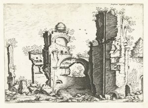 Vista das ruínas, possivelmente os banhos de Caracalla
Ruínas romanas, 1561 (título da série) de Johannes of Lucas van Doetechum (attributed to)