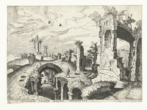 Vista das ruínas do Palatino em Roma
Ruínas romanas, 1561 (título da série) de Johannes of Lucas van Doetechum (attributed to)