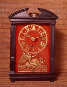 Relógio de pêndulo movido a peso inicial, possivelmente desenhado por Christian Huygens (1629-95) c.1675 (madeira) (ver também 260987) de Johannes van Ceulen