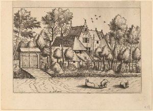 Casa de campo com uma vala de Johannes van Doetechum, the Elder and Lucas