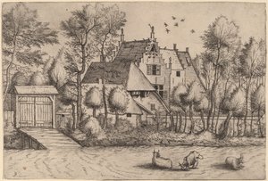 Casa de campo com uma vala de Johannes van Doetechum, the Elder and Lucas