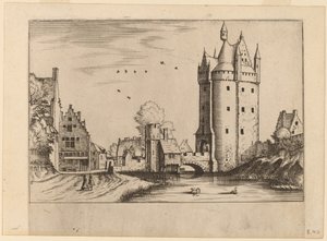 Portão da cidade com casas de campo de Johannes van Doetechum, the Elder and Lucas