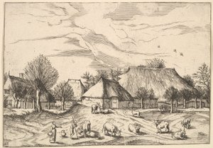 Fazendas, gado com pastores e leiteiras em primeiro plano de Multifariarum casularu..., 1559-61. de Johannes van Doetecum I