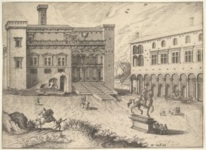 Vista do Campidoglio no Monte Capitolino, com estátua equestre no canto inferior direito, de..., 1562.