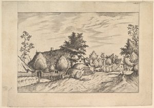 Rua da Aldeia, feno empilhado em frente a uma quinta da Quinta das Herdades e Rural..., ca. 1559-61. de Johannes van Doetecum I