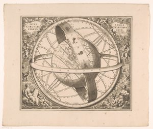 Hemelkaart van de aarde volgens het stelsel van Ptolemaeus A posição da terra cercada por círculos celestiais (título no objeto) de Johannes van Loon