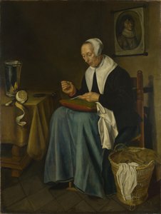 Uma mulher sentada sentada costura, 1655 de Johannes van der Aeck