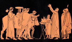 Nestor, rei de Pylos e antigo guerreiro na Guerra de Troia, sacrifica touros a Poseidon, cena de "A Odisseia" de Homero (gravura)