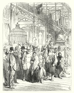 Expositores e visitantes no Palácio de Cristal, Hyde Park, Londres, local da Grande Exposição de 1851 (gravura)