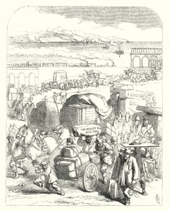 Navios e trens trazendo visitantes para a Grande Exposição de 1851, Crystal Palace, Hyde Park, Londres (gravura) de John (after) Gilbert