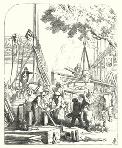 Trabalhadores no local do Palácio de Cristal, Hyde Park, Londres, local da Grande Exposição de 1851 (gravura)