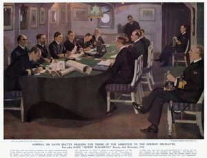 Almirante Sir David Beatty lendo os termos do armistício aos Delegados Alemães, antecabina HMS Rainha Elizabeth, Rosyth de John (after) Lavery