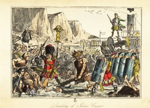 Um porta-estandarte da 10ª legião em pele de urso conduz a infantaria romana para uma praia em Sandwich, 54BC