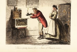 Caçador inglês a caçar rosas e botas a examinar uma raposa numa gaiola à luz de velas de John (after) Leech