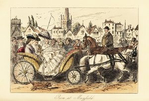 Mulher inglesa de vestido de crinolina com guarda-sol a conduzir um carro de cestos puxado por pónei pelas ruas movimentadas de uma pequena cidade de John (after) Leech
