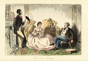Senhora em vestido de crinolina com dois cavalheiros que telefonam numa sala de estar. de John (after) Leech